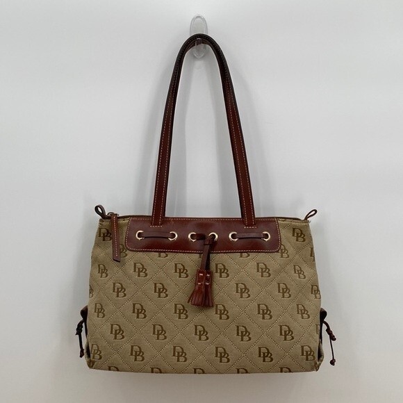 Dooney & Bourke Womens Signature Print Tote Shoulder Bag Tan Brown Large - Picture 1 of 14